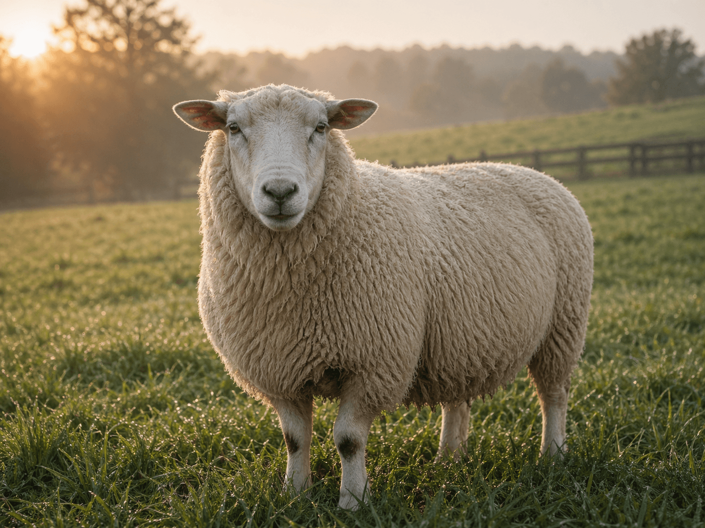 Single sheep standing in dewy pasture at morning