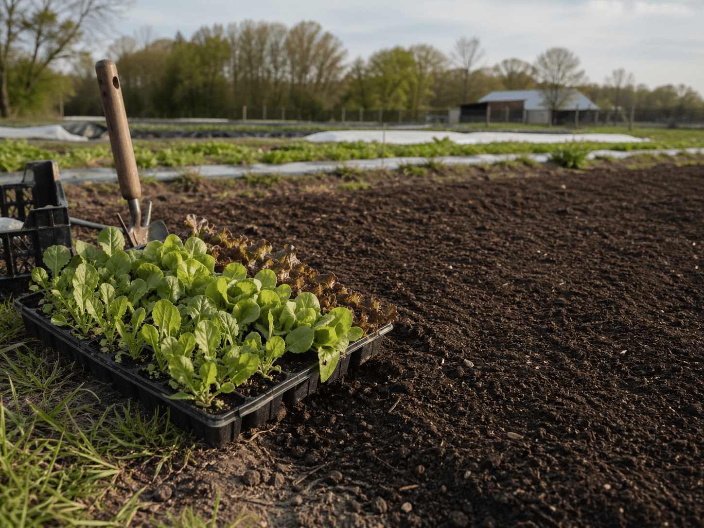 Seedling trays on a workbench, ready for transplanting